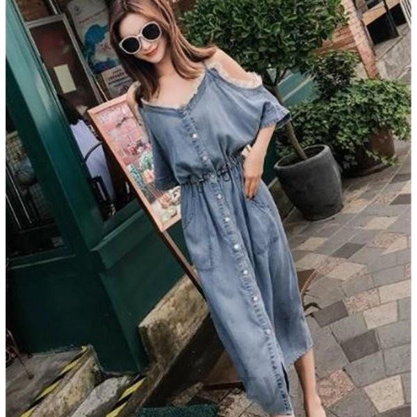 オフショルデニムワンピースロング韓国オルチャンストリートフリルキャミ華奢きれいめ原宿系アメカジマキシ丈ジーンズ Joy Mj2eh5jj Will Style 通販 Yahoo ショッピング
