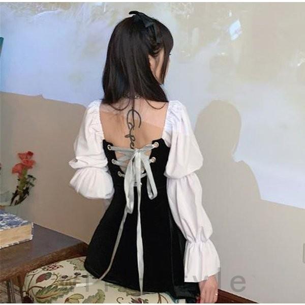 背中あきワンピース韓国オルチャンストリート原宿系長袖編み上げロリィタ可愛いガーリー切替コルセット Joy Pi5oossn Will Style 通販 Yahoo ショッピング
