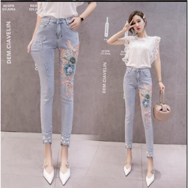 スキニーデニムパンツレース刺繍ビーズパール花柄韓国オルチャンきれいめかわいい原宿系レトロストリートボトムスジーンズ Joy Uk32padj Will Style 通販 Yahoo ショッピング