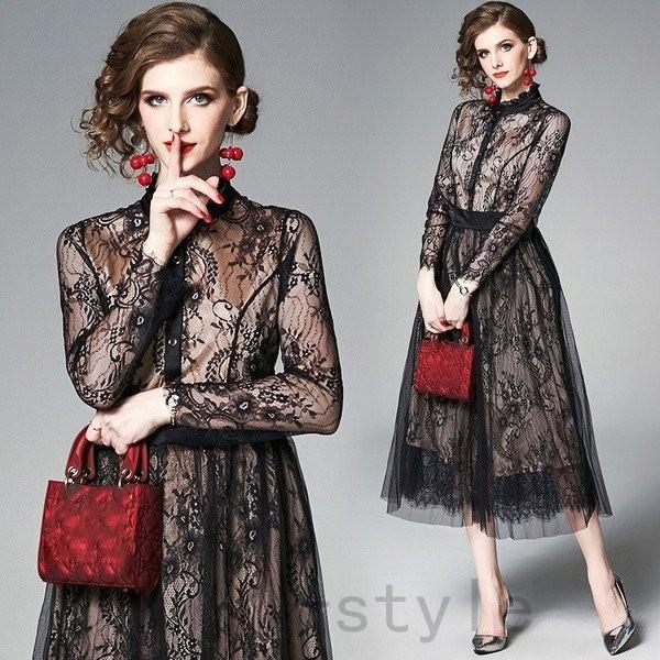 レースドレス 結婚式 立襟 秋新品 お呼ばれ結婚式 ワンピース ロング 黒 レース ワンピース 長袖 レディース レース ワンピース Will1022 0111 Will Style 通販 Yahoo ショッピング