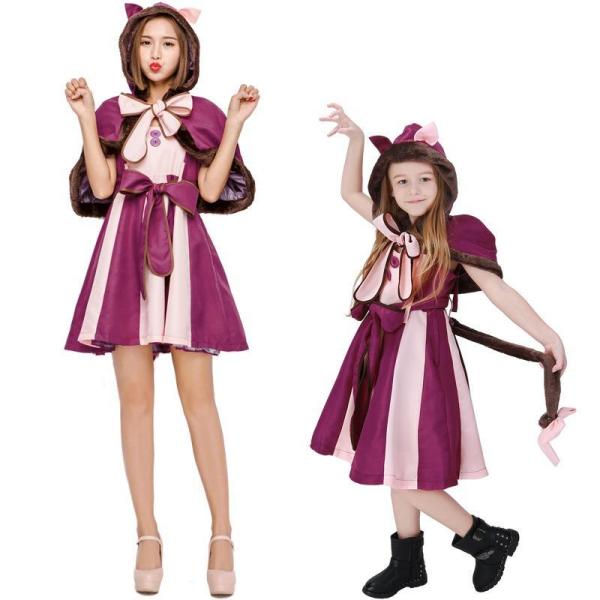 不思議の国のアリス チェシャ猫風 ワンピース＆ケープセット コスプレ コスチューム ハロウィン 衣装 ゴスロリ レディース ねこ耳 大人　子供