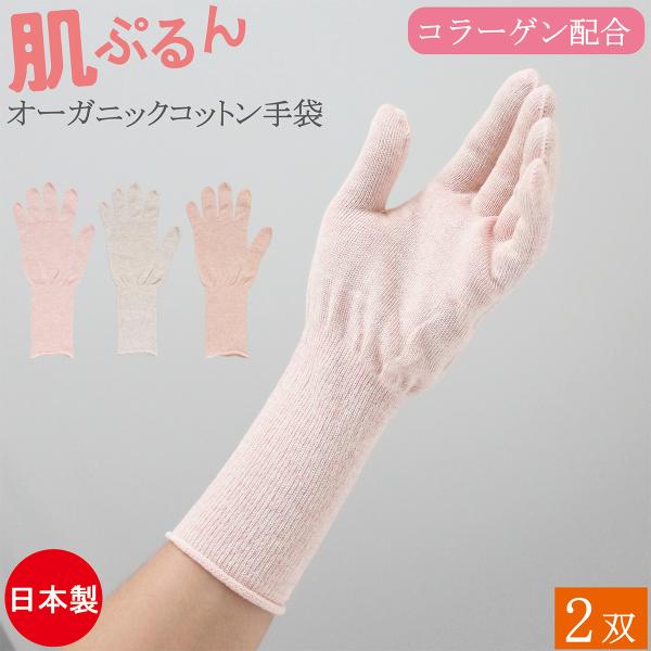肌ぷるん コラーゲン配合 ハンドケア おやすみ手袋 ハンドウォーマー 綿手袋 オーガニックコットン 手袋 2双 女性用 日本製 保湿 綿 コットン 手荒れ おしゃれ