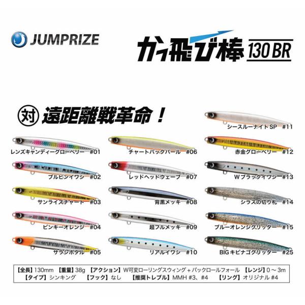 対遠距離戦革命!かっ飛び棒130BRデビュー!40gのメタルジグにひけを取らない信じられない飛距離。気象状況に左右されない安定感抜群の飛行姿勢。賢い外洋のフィッシュイーター達が好む弱々しいアクション。従来メタルジグでしか届かなかったスポット...