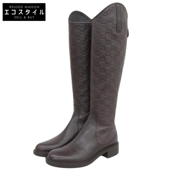 美品 GUCCI グッチ ロングブーツ GGシマレザー ダークブラウン 36.5 GUCCI - GUCCI(グッチ) ロングブーツ レディース - ダーク
