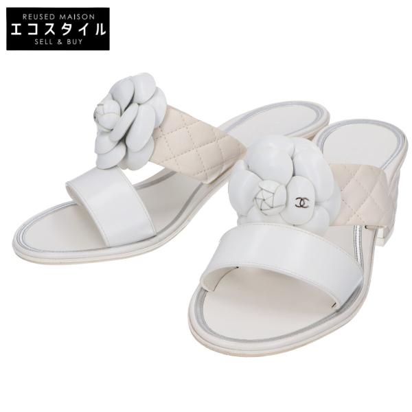 CHANEL シャネル 【美品】IG32781 カメリアモチーフ キルティングレザー チャンキーヒール サンダル シューズ 35C ホワイト レディース CHANEL（シャネル） 美品 IG32781 カメリアモチーフ キルティング