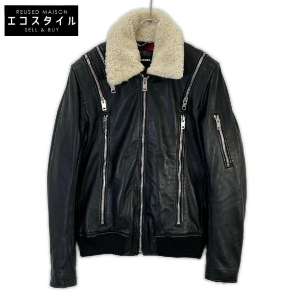 DIESEL ディーゼル ブラック シップデザイン 襟ボア ダブルライダースジャケット 48 DIESEL（ディーゼル） ブラック シップデザイン 襟ボア ダブル