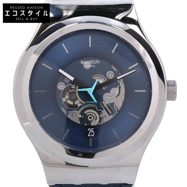 美品/  Swatch スウォッチ BLURANG バックスケルトン 自動巻き 腕時計 シルバー/ネイビー メンズ