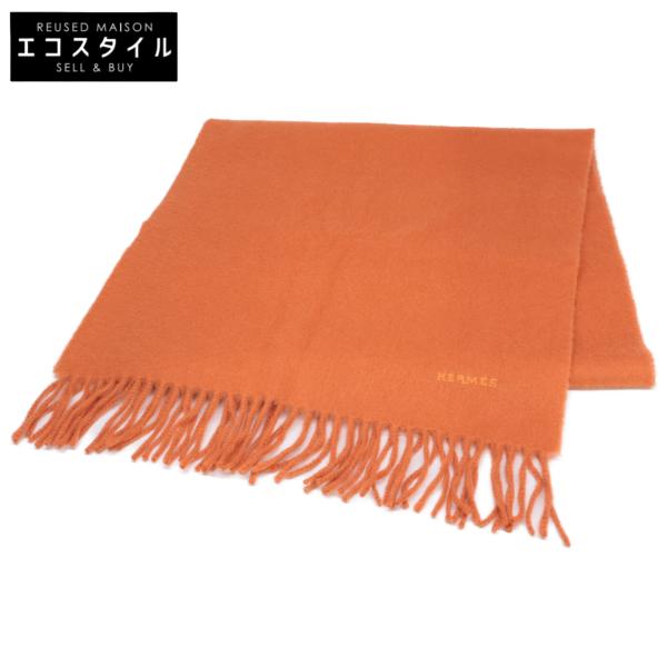 HERMES エルメス ロゴ刺繍 カシミヤ フリンジ マフラー オレンジ