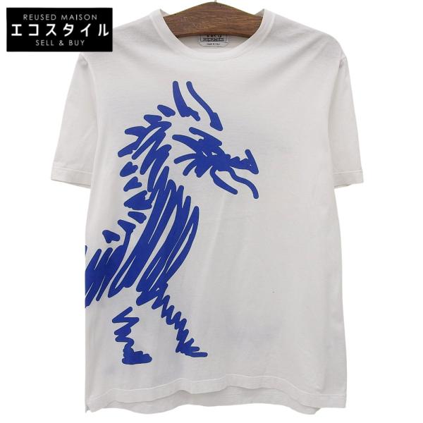 HERMES エルメス コットン100% ドラゴンプリント Tシャツ トップス メンズ ホワイト S 92-5771 S HERMES（エルメス） コットン100% ドラゴンプリント Tシャツ トップス