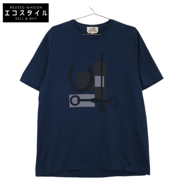 HERMES エルメス コットン100% プリント Tシャツ トップス M ネイビー
