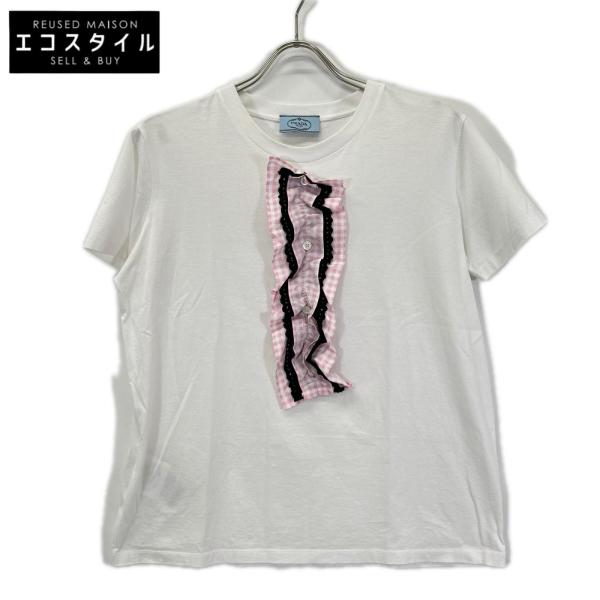 PRADA プラダ 17年 ホワイト デタッチャブル ピンクフリル Tシャツ L レディース