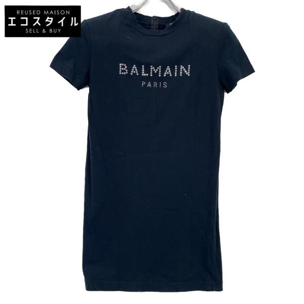 バルマン ﾌﾞﾗｯｸ BKUXV001 ﾗｲﾝｽﾄｰﾝﾛｺﾞ 半袖Tｼｬﾂ 140 BALMAIN（バルマン） ブラック BKUXV001 ラインストーンロゴ 半袖T