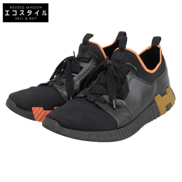 HERMES エルメス デパール ニット×レザー スニーカー シューズ メンズ ブラック×オレンジ 43 43 HERMES（エルメス） デパール ニット×レザー スニーカー シューズ