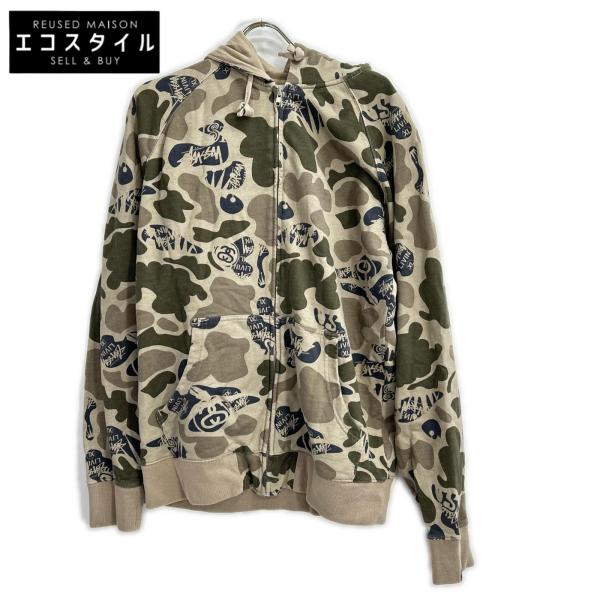 stussy ステューシー カモフラ ジップアップ パーカー カーキ XL トップス コットン メンズ 中古