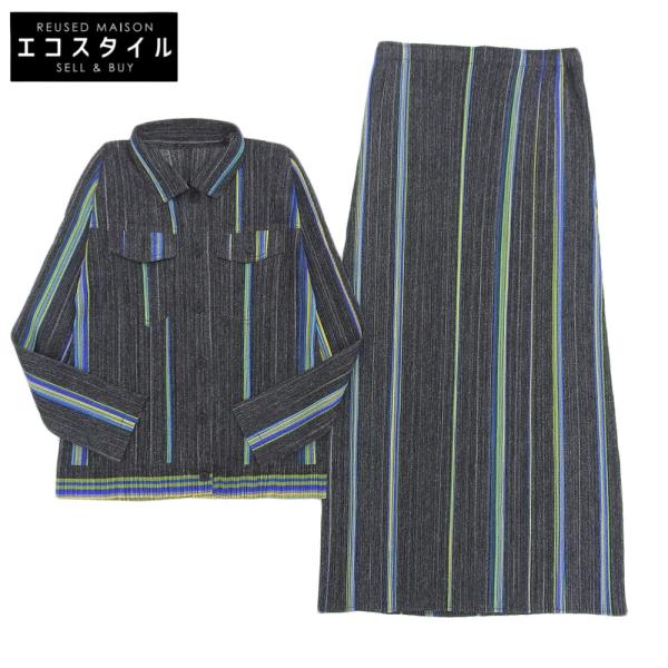 プリーツプリーズ 美品 PLEATS PLEASE プリーツプリーズ デニム風 ストライプ セットアップ レディース インディゴ 3 4 PP53-JD761/JG764 3 美品 PLEATS PLEASE プリーツプリーズ デニム風 ストライプ
