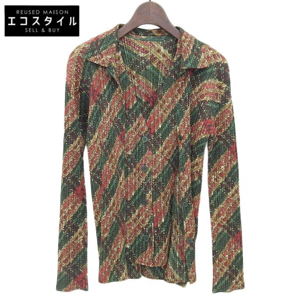 プリーツプリーズ 美品 PLEATS PLEASE プリーツプリーズ 総柄 2P トップス レッド×グリーン 3 PP53-JE901/JJ903 3 wine-king_2887700000047994