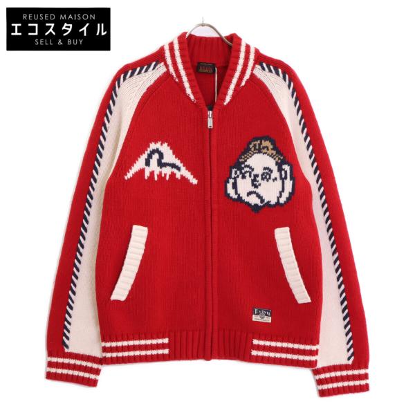 EVISU エヴィス レッド リラックスフィット へのへのもへじ仏頭編み込みニット M wine-king_2888800000022414
