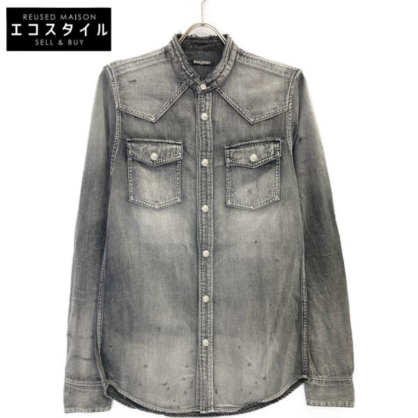 BALMAIN バルマン RH12159Z034 グレー ダメージ デニムシャツ 37 BALMAIN バルマン RH12159Z034 グレー ダメージ デニムシャツ 37