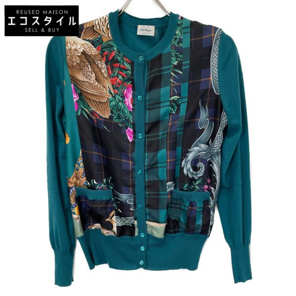 Salvatore Ferragamo - サルヴァトーレフェラガモ グリーン ウール シルクプリント カーディガン S Salvatore Ferragamo サルヴァトーレフェラガモ グリーン ウール