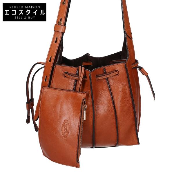 美品/ TOD'S トッズ レザー タック ショルダーバッグ ブラウン