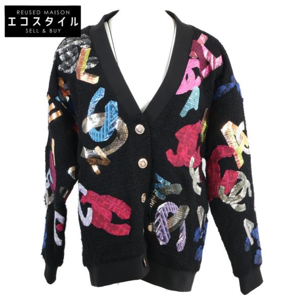 CHANEL シャネル 22AW メタリックロゴ ツイード切替コットンカーディガン P72995K10507 スウェット ニット 38 ココマーク CHANEL（シャネル） 美品 P72995K10507 22AW ココマーク マルチパッチ