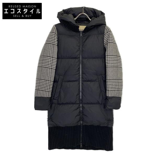 HERNO（ヘルノ） グレー ウール 千鳥格子柄 切替 ロングダウンコート