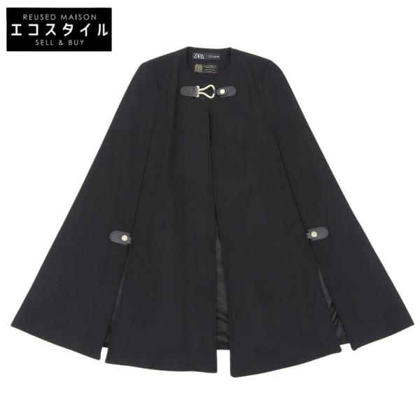 【新品】ZARA ザラ マンテコ ウール ブラック ポンチョ 金具 Lサイズ 美品 ZARA ザラ MANTECO生地 ポンチョ コート レディース ブラック XS