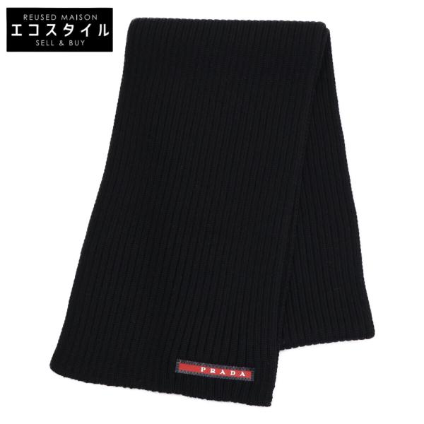 PRADA ブラック リブ編みマフラー 美品 PRADA プラダ リブ編み ニット マフラー メンズ : ブランド
