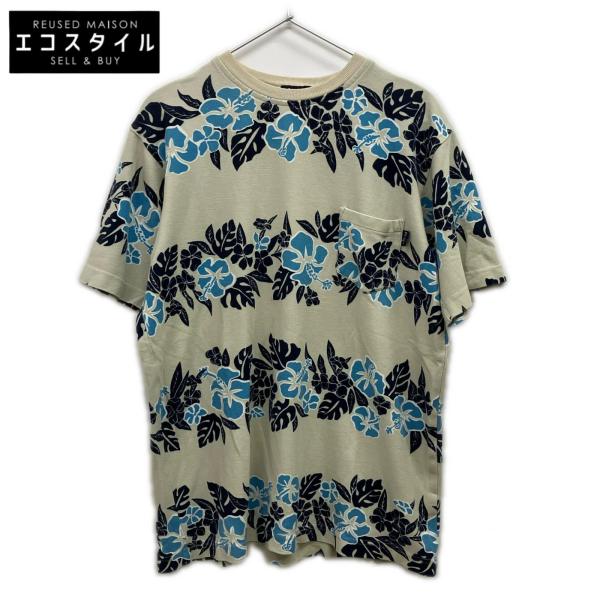 STUSSY ステューシー 90's 紺タグ ブルー×ベージュ ボタニカル ハイビスカス コットン Tシャツ 表記なし メンズ