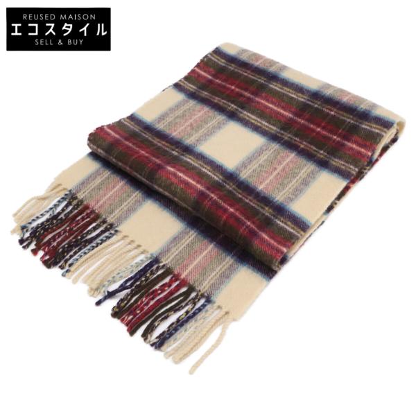 美品/  Johnstons ジョンストンズ タータンチェック カシミヤ100％ フリンジ マフラー ベージュ系 レディース