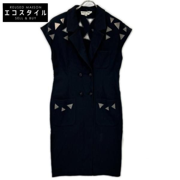 HANAE MORI ハナエモリ ブラック スクエアカットアウト ノースリーブワンピース ブラック 11A3 ワンピース コットン レディース 中古