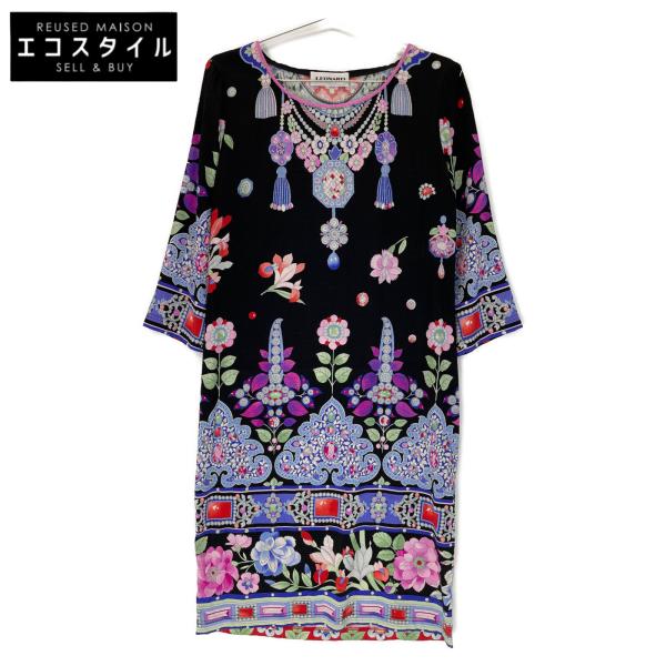 レオナール 総柄 シルクワンピース 38 38 LEONARD 半袖ワンピース