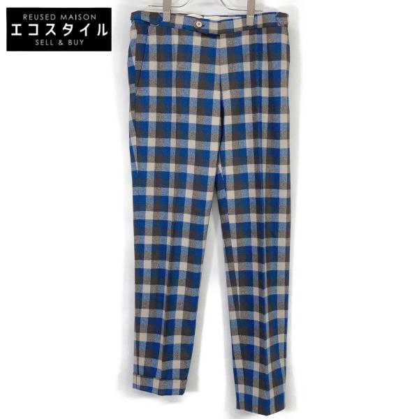 ISAIA イザイア ブルー 7270 チェック柄 ウールパンツ 50 ISAIA イザイア ブルー 7270 チェック柄 ウールパンツ ブルー×ブラウン