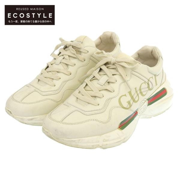 グッチ レイトン ロゴ アイボリー Men's Ivory Leather Rhyton Vintage Gucci Logo Sneaker