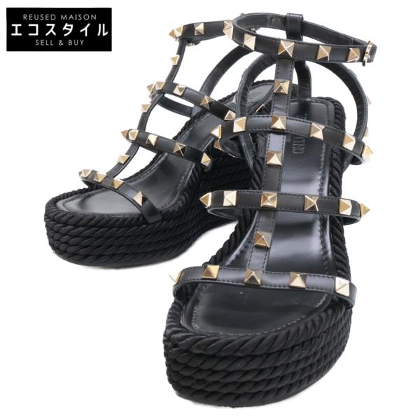 ヴァレンティノ スタッズ付きブラックウェッジサンダル 36 美品/ VALENTINO ヴァレンティノ ロックスタッズ ストラップ ウェッジ