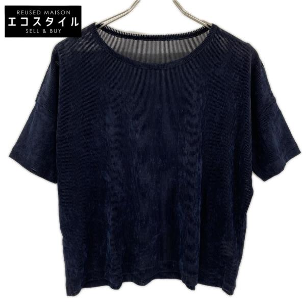 美品/  Y's ワイズ YP-T31-564 ネイビー NY TULLE DLOCKED ROUND NECK T 2 レディース
