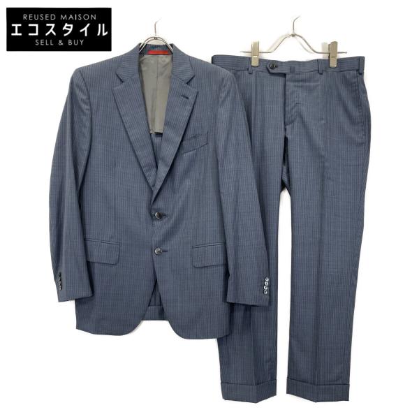 【美品】ISAIA イザイア ビジネススーツ グレーストライプ48L ISAIA イザイア ブルー×グレー GREGORIO シルク混 ストライプ スーツ