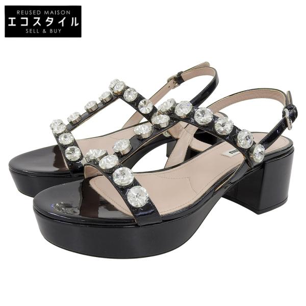 美品★ミュウミュウ★レザー クリスタルビジュー付バレエシューズ(35 1/2) miu miu（ミュウミュウ） 新品同様 パテントレザー ラインストーン