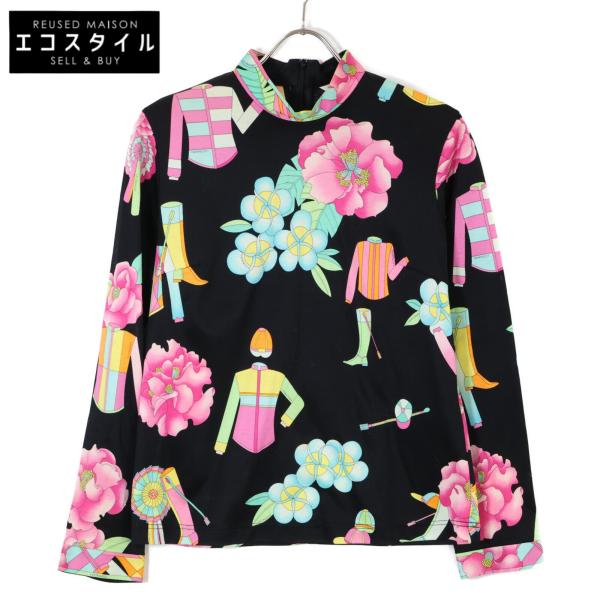 美品　レオナール　トップス　ノースリーブ　花柄　フラワー柄　コットン　黒　L LEONARD レオナール ブラック 花柄 カットソー 40 トップス