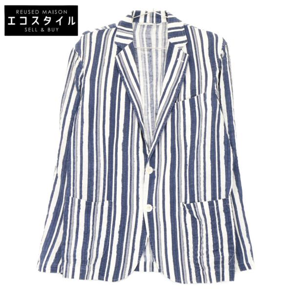 GIANNETTOジャンネット・シャツジャケット・麻リネンブルーストライプ46 wine-king_6887700000004779