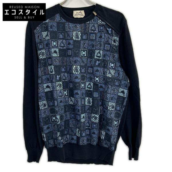 HERMES エルメス ネイビー 総柄 ニットコットンジップ トップス XL HERMES エルメス ネイビー 総柄 ニットコットンジップ トップス XL
