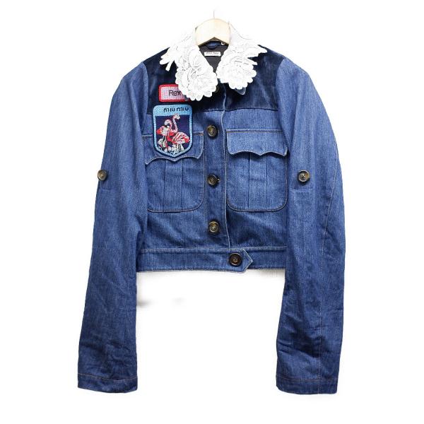 在庫一掃 Miumiu ミュウミュウ Gwb024 レース付襟 ビーズワッペン付 デニムジャケット 36 ブルー レディース 超大特価