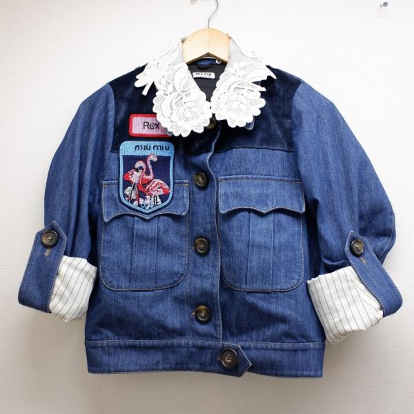 在庫一掃 Miumiu ミュウミュウ Gwb024 レース付襟 ビーズワッペン付 デニムジャケット 36 ブルー レディース 超大特価