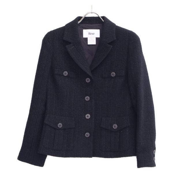 Rene ルネ ブラック ウール混 ツイード ジャケット 36 ウール