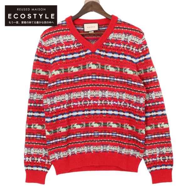 GUCCI グッチ 536624 赤 スパンコール ノルディック柄 ニット GUCCI グッチ 536624 赤 スパンコール ノルディック柄 ニット