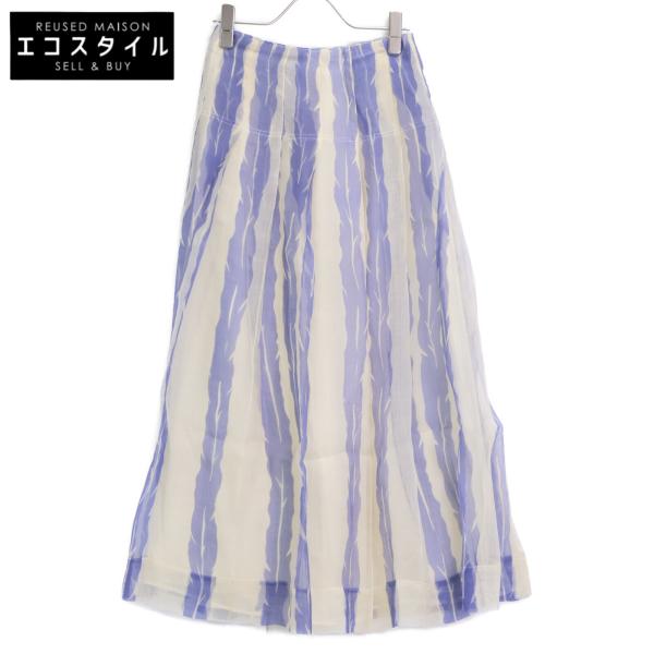 ebure エブール ブルー×ホワイト シルク フレアロングスカート ブルー