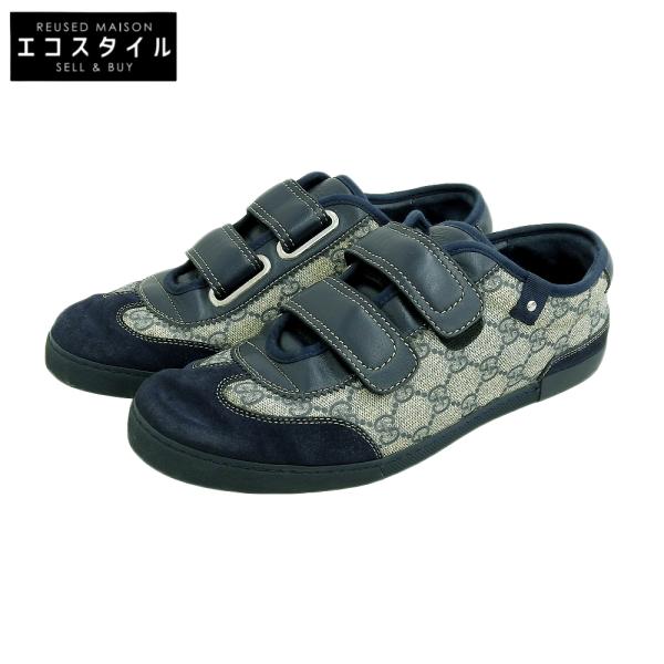 グッチ GGスプリーム スエード ベルクロ ジャーマントレーナー シューズ メンズ ベージュ×ネイビー 7 1/2 243826 7 1/2 GUCCI（グッチ） GGスプリーム スエード ベルクロ ジャーマン