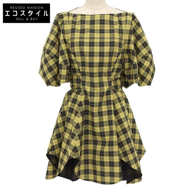 美品 エンフォルド enfold ノーカラーブラウス チェック柄 ウエストリボン ENFOLD（エンフォルド） 美品 コットン SCOTチェック ベルテッドフリル