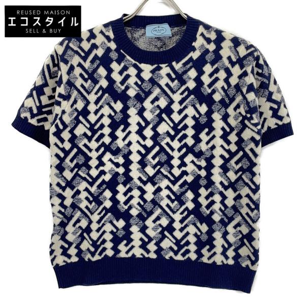 プラダ P24TOP 19年 ﾌﾞﾙｰ ｳｰﾙｶｼﾐﾔ 総柄半袖ﾆｯﾄ 40 PRADA（プラダ） P24TOP 19年 ブルー ウールカシミヤ 総柄半袖ニット