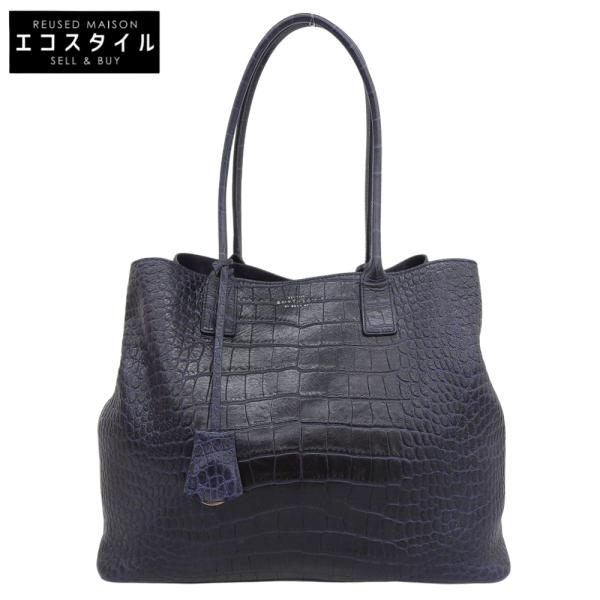 Smythson（スマイソン） クロコ型押し トートバッグ ブラック×ネイビー